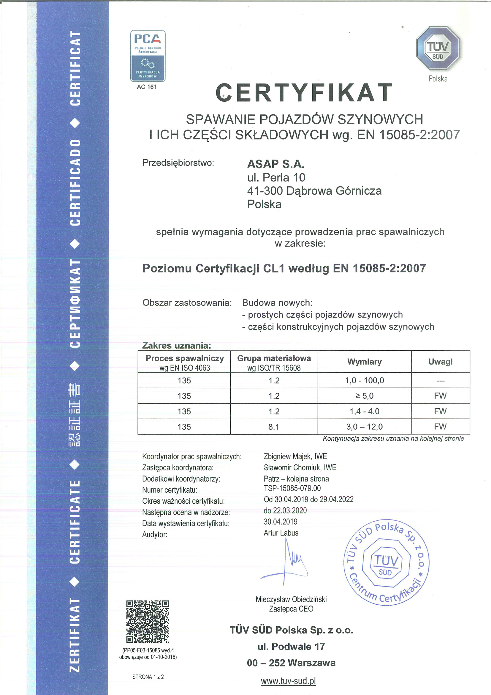 certyfikat CL1 według EN 15085-2:2007 strona 1